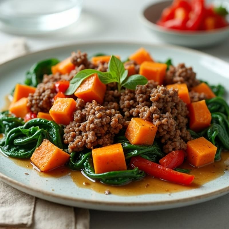 Lean Ground Beef and Sweet Potato Skillet with Greens