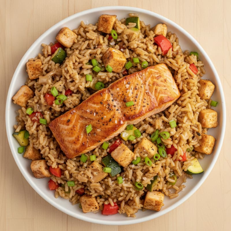 Pan-Seared Salmon and Chicken Fried Rice