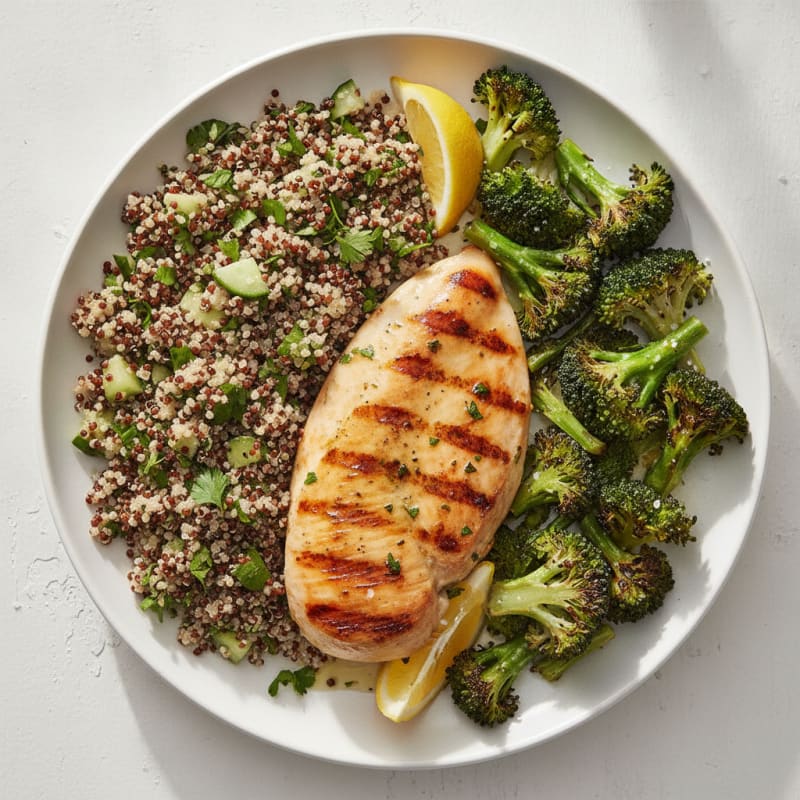 Grilled Chicken Breast with Roasted Broccoli and Quinoa Salad