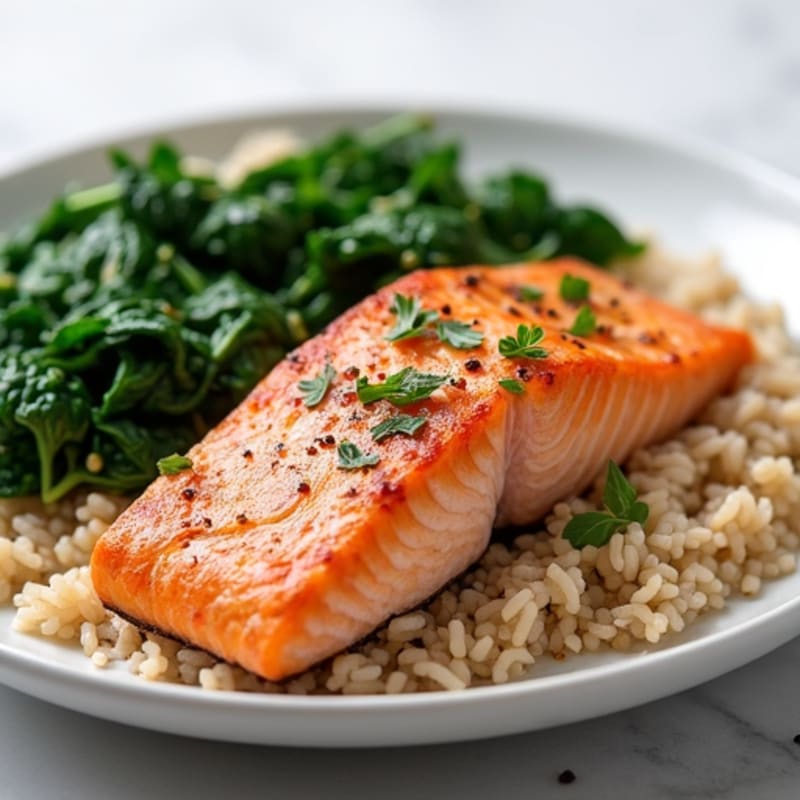 Seared Salmon with Garlic Spinach and Brown Rice