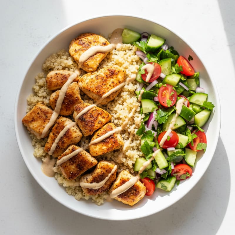 Crispy Lemon-Herb Chicken Shawarma Bowls