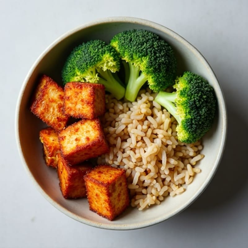 Crispy Tofu and Brown Rice Bowl with Steamed Broccoli