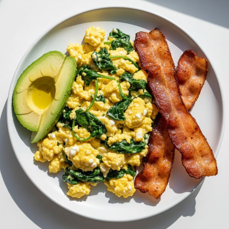 Cottage Cheese Egg Scramble with Spinach and Turkey Bacon