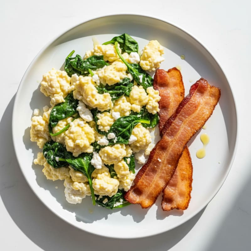 Cottage Cheese Egg Scramble with Spinach and Turkey Bacon