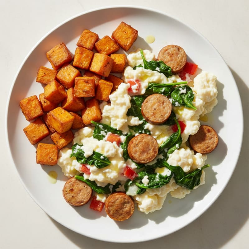 Egg White Scramble with Turkey Sausage and Sautéed Spinach