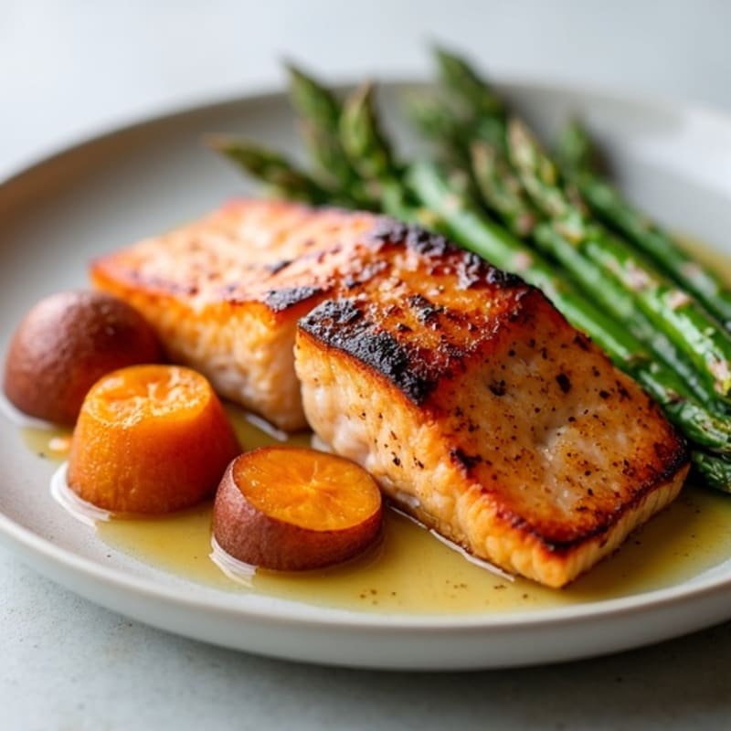 Seared Salmon Fillet with Roasted Sweet Potatoes and Asparagus