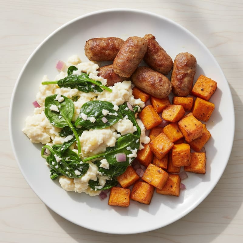 Egg White Spinach Scramble with Turkey Sausage and Roasted Sweet Potatoes