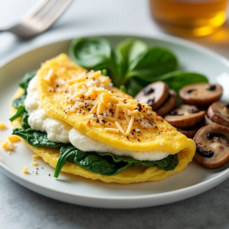 Egg White Spinach Omelet with Cottage Cheese and Sautéed Mushrooms