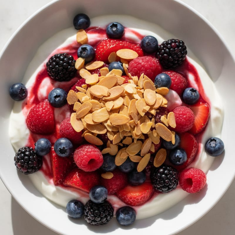 Greek Yogurt Protein Parfait with Mixed Berries and Almonds