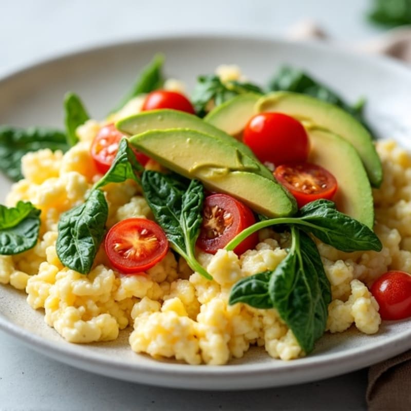 Cottage Cheese Egg White Scramble with Spinach and Cherry Tomatoes