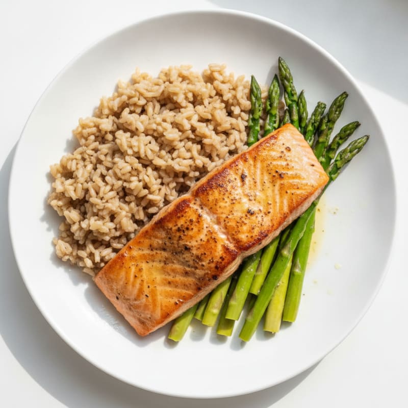 Seared Salmon Fillet with Steamed Asparagus and Brown Rice