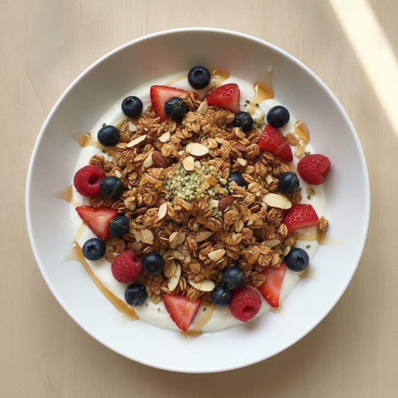 Greek Yogurt Bowl with Crunchy Almond Granola and Mixed Berries