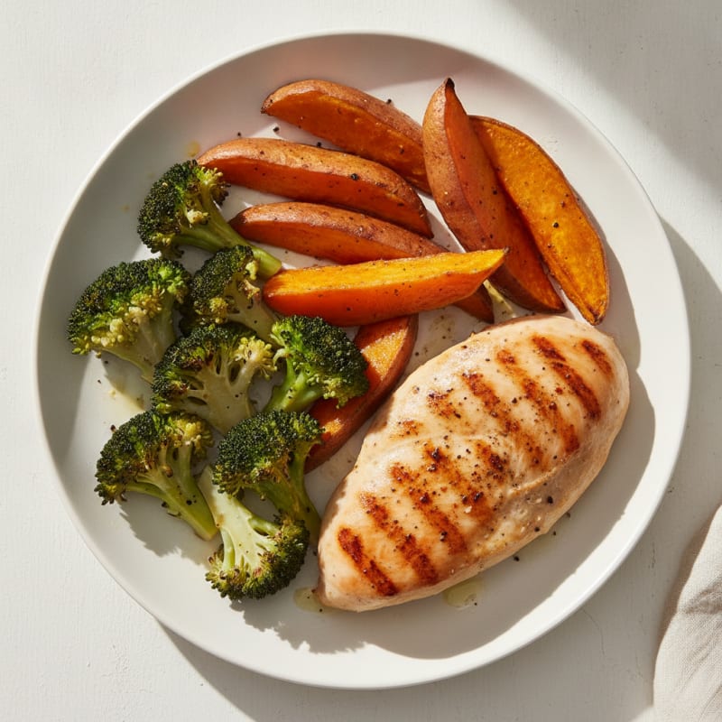 Grilled Chicken Breast with Roasted Sweet Potato and Broccoli