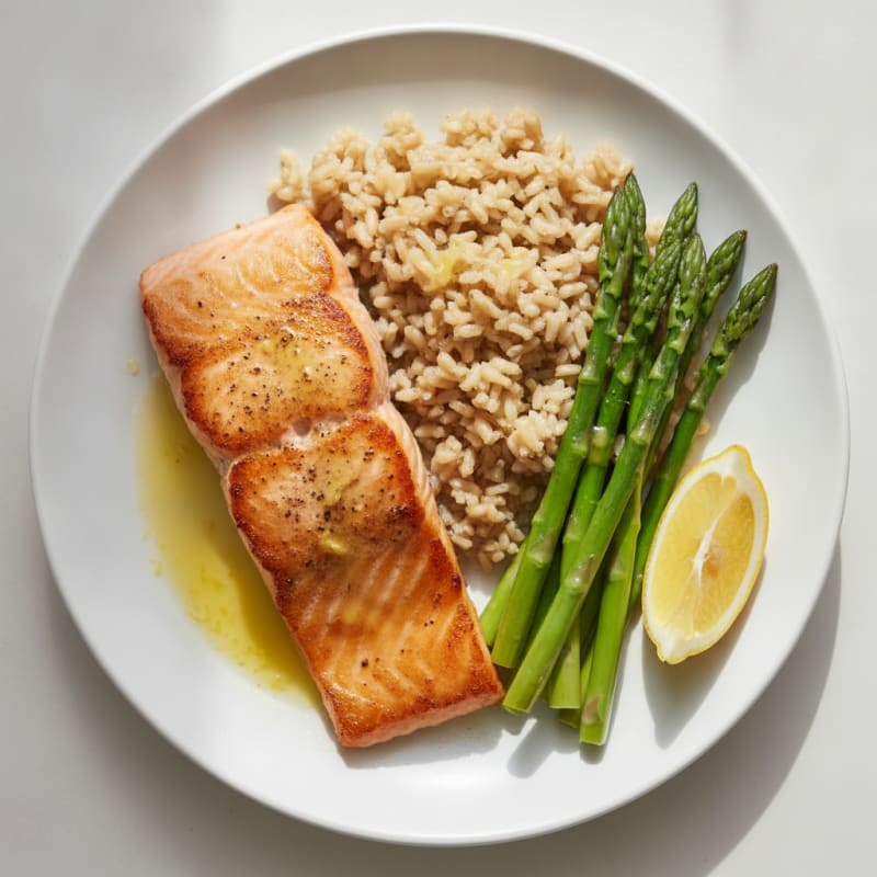 Seared Salmon with Steamed Asparagus and Brown Rice