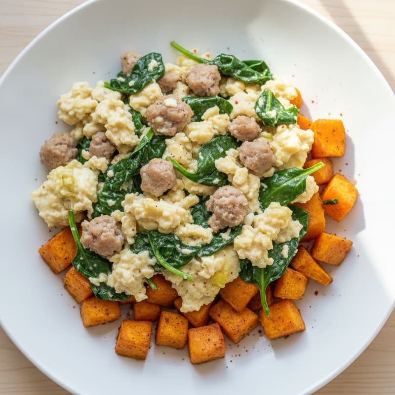 Egg White and Turkey Sausage Scramble with Spinach and Roasted Sweet Potatoes