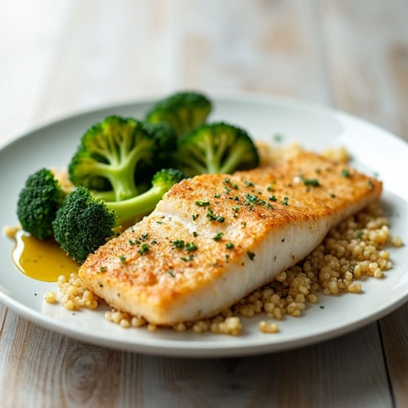 Seared Cod with Steamed Broccoli and Garlic Quinoa