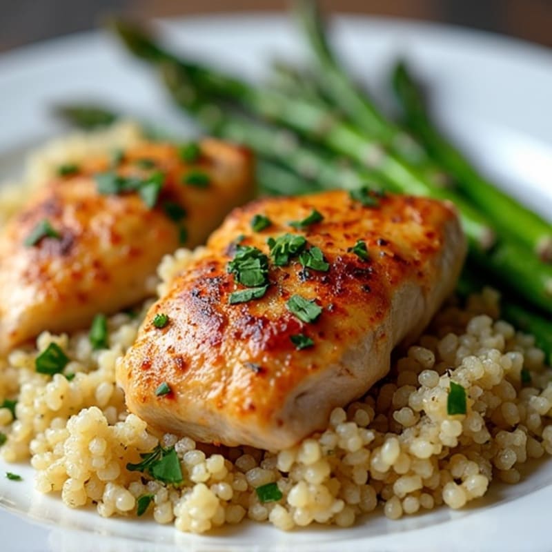Seared Chicken Thighs with Garlic Herb Quinoa Pilaf and Roasted Asparagus