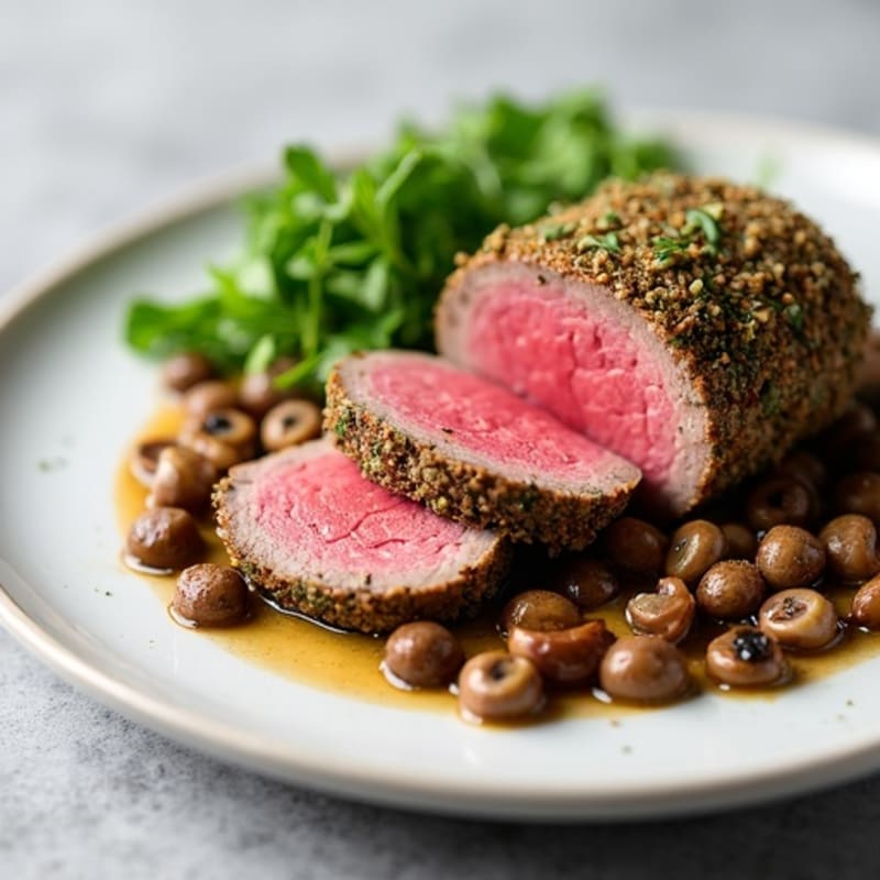 Herb-Crusted Beef Tenderloin with Mushroom Duxelles