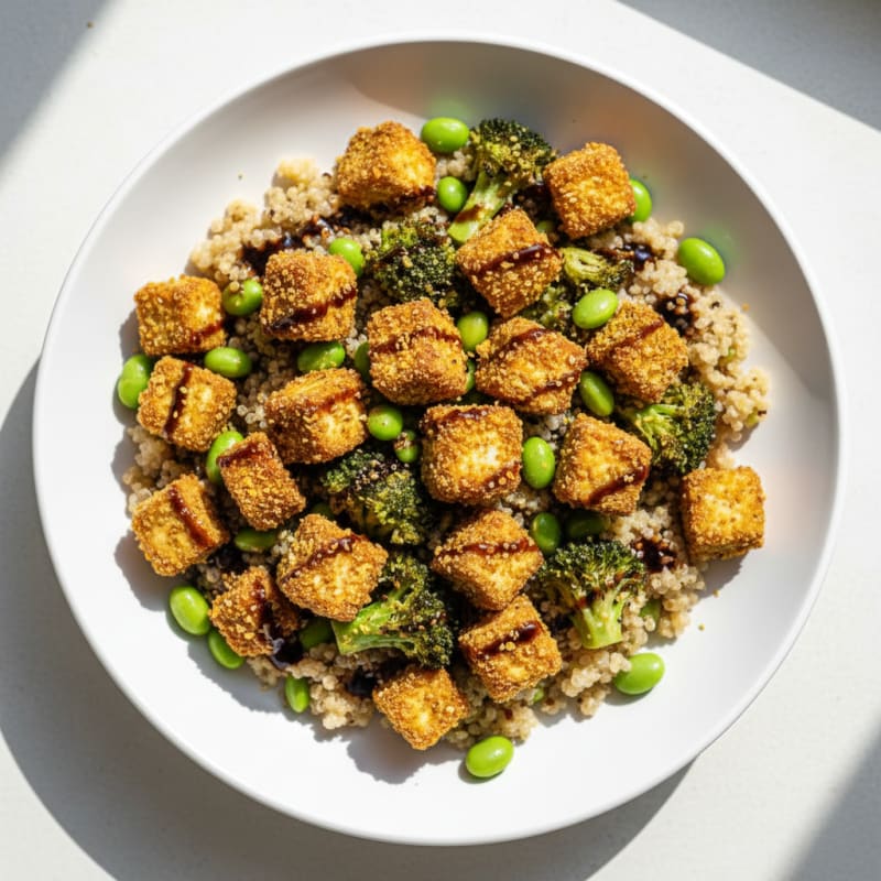 Crispy Tofu Power Bowl with Quinoa and Roasted Vegetables