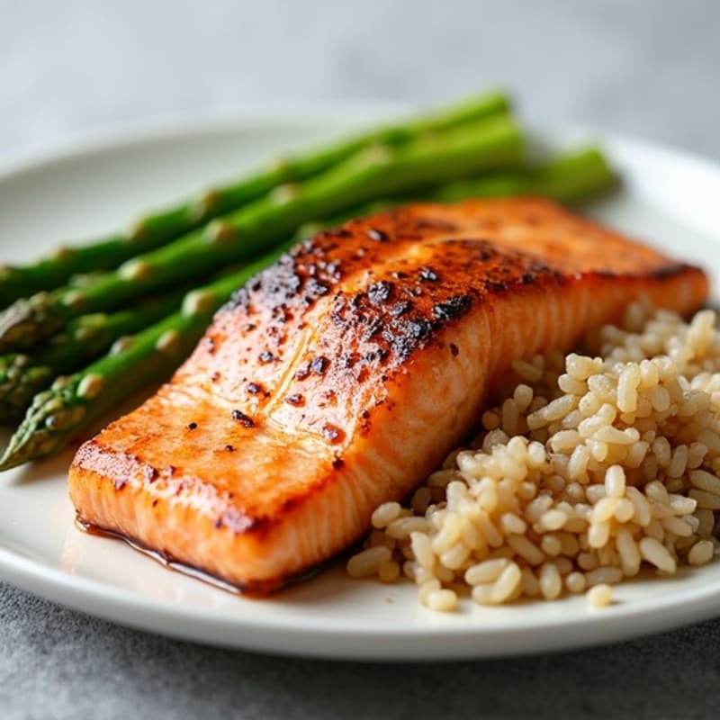 Seared Salmon with Steamed Asparagus and Brown Rice