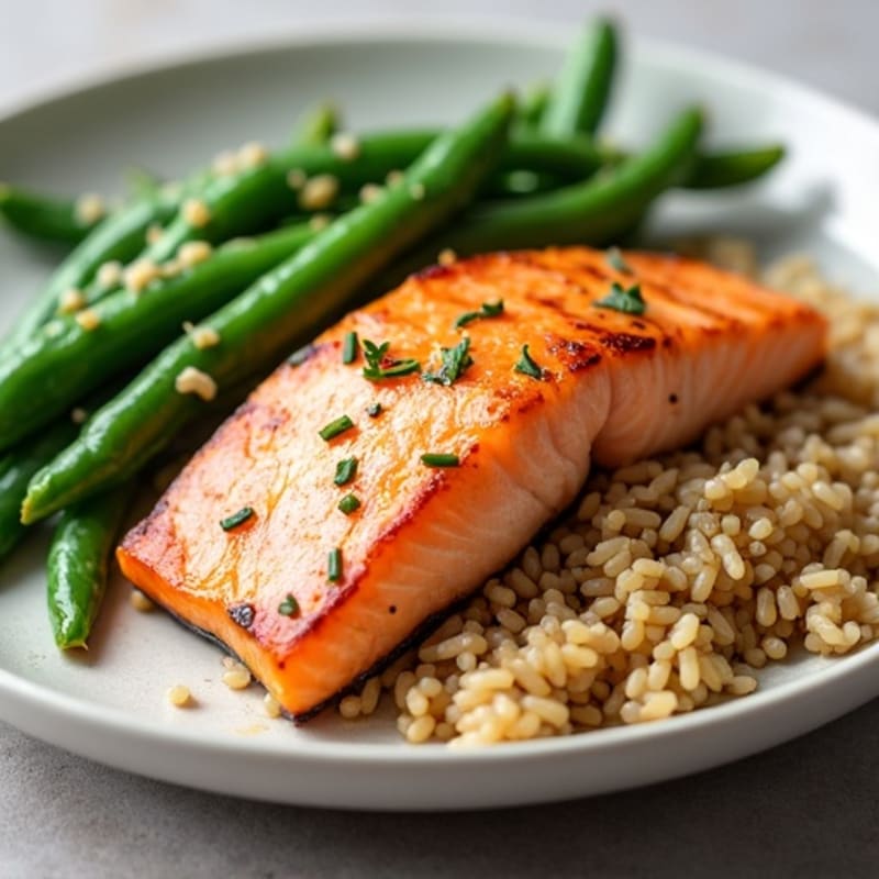 Seared Salmon with Garlic Green Beans and Brown Rice