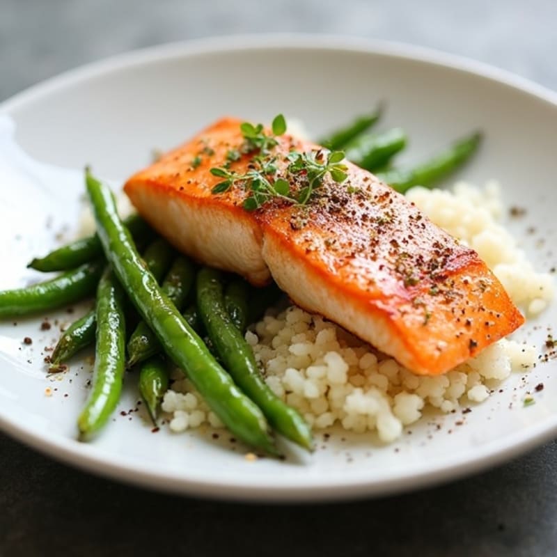 Seared Salmon with Garlic Green Beans and Cauliflower Rice