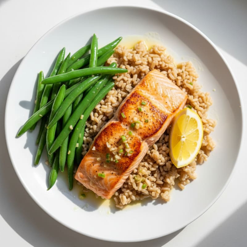 Seared Salmon with Brown Rice and Steamed Green Beans