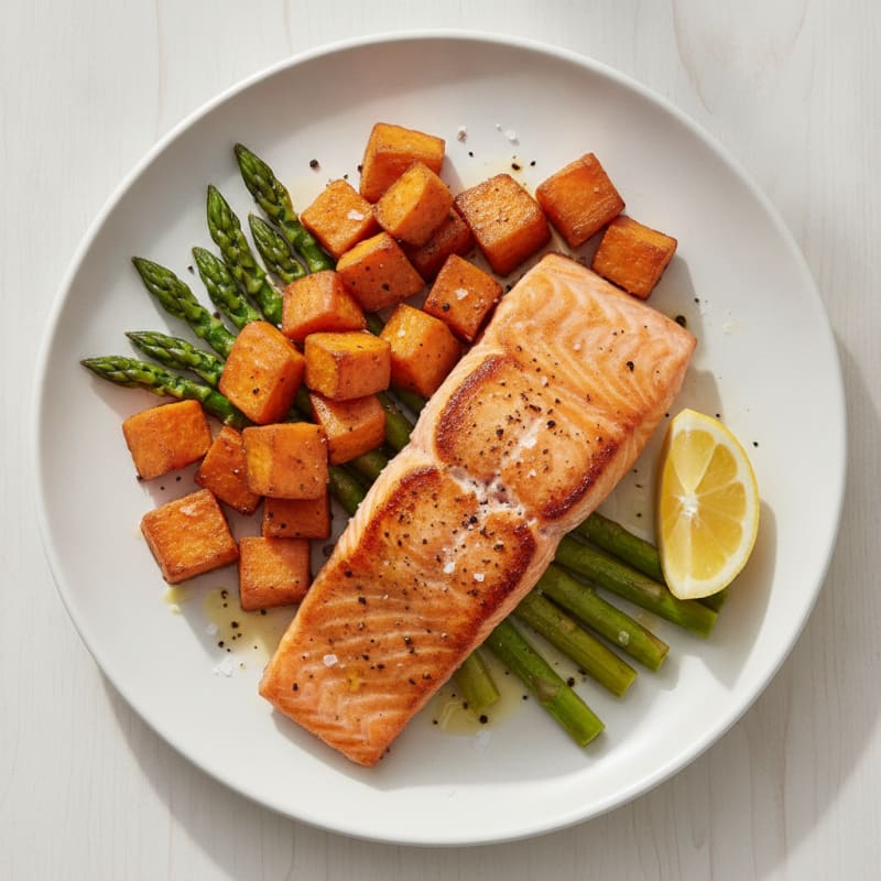 Seared Salmon Fillet with Roasted Sweet Potato and Asparagus