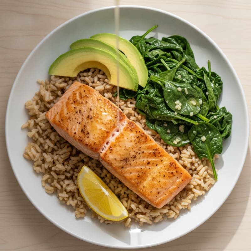 Seared Salmon with Garlic Spinach and Brown Rice