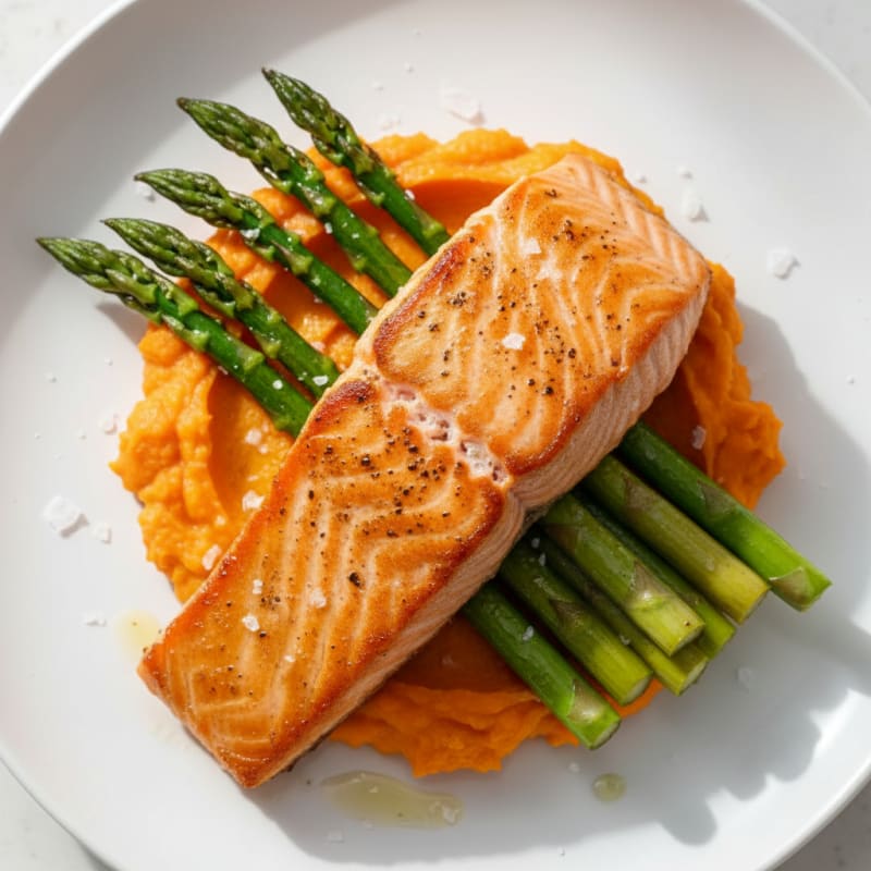 Seared Salmon Fillet with Roasted Asparagus and Sweet Potato Mash