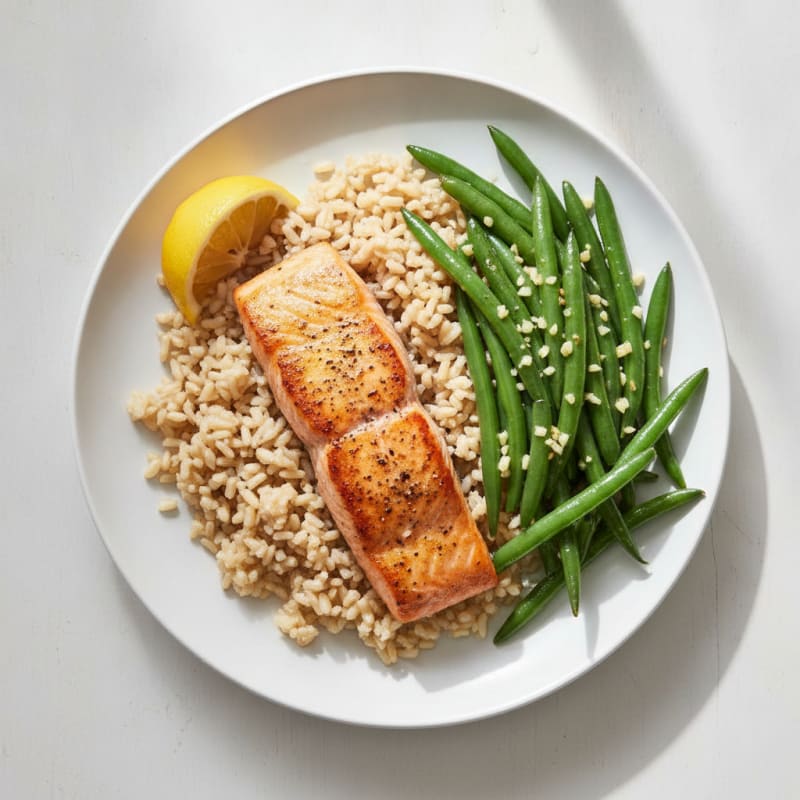 Seared Salmon with Garlic Green Beans and Brown Rice