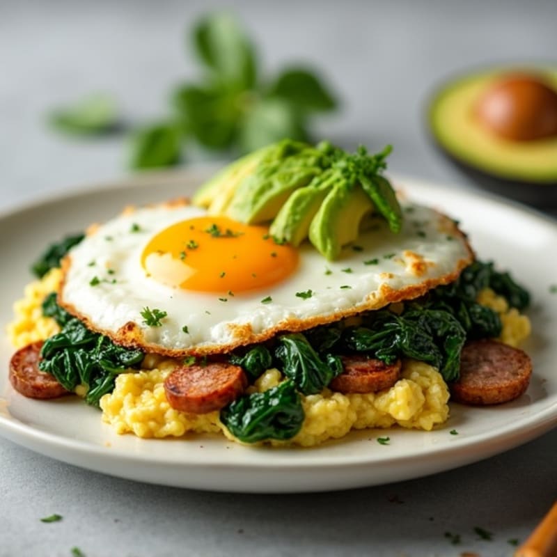 Egg White Scramble with Turkey Sausage and Sautéed Spinach