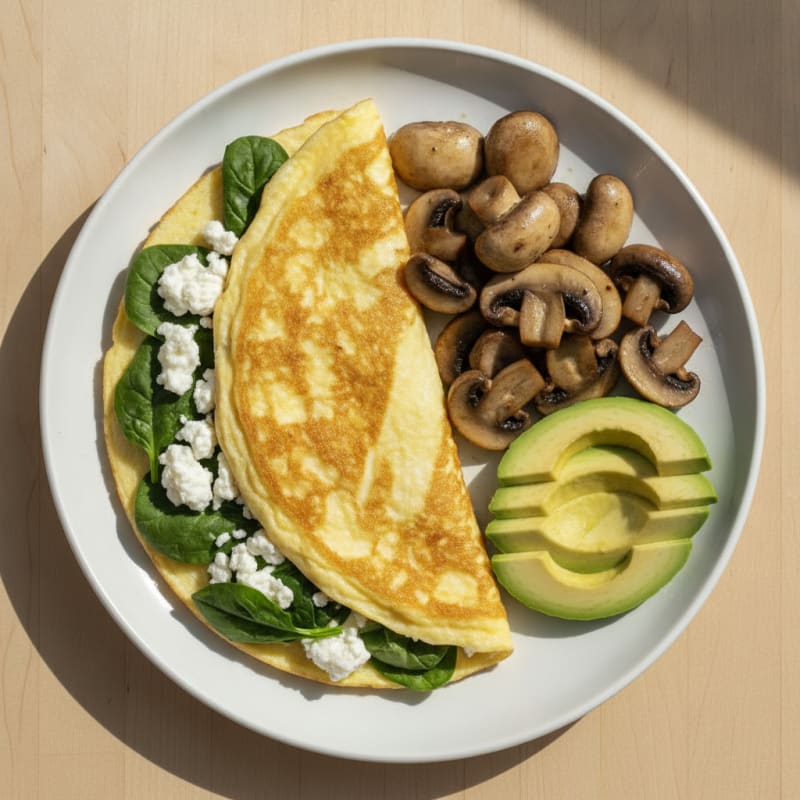 Egg White Spinach Omelet with Cottage Cheese and Sautéed Mushrooms