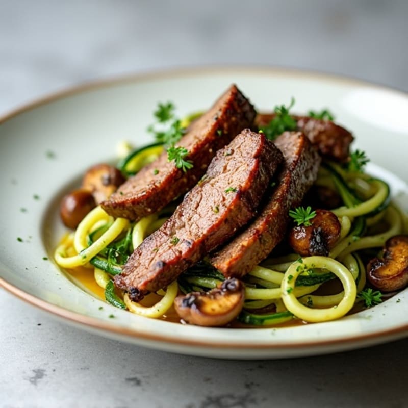 Seared Beef Strips with Zucchini Noodles and Garlic Mushrooms