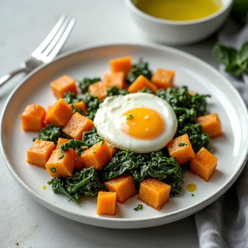 Egg White and Cottage Cheese Scramble with Sautéed Spinach and Roasted Sweet Potato
