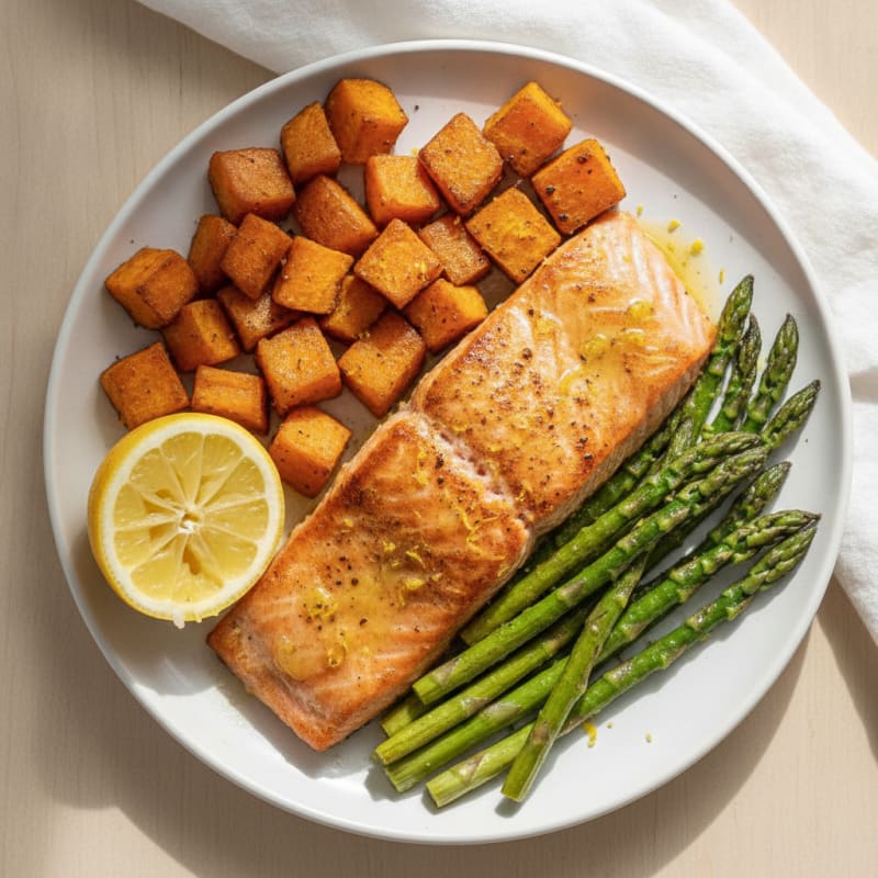 Seared Salmon with Roasted Sweet Potatoes and Asparagus