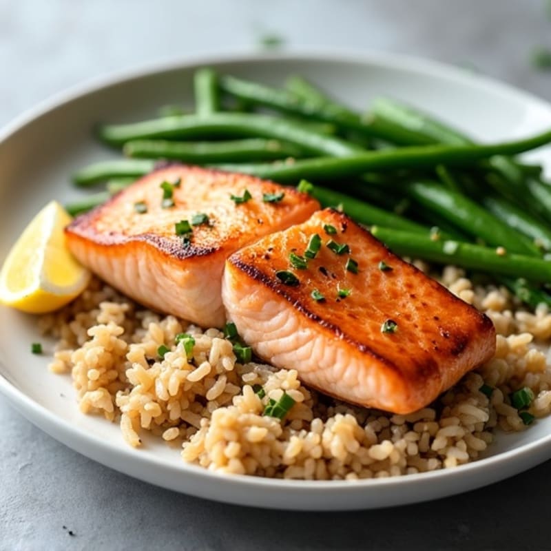 Seared Salmon with Garlic Green Beans and Brown Rice
