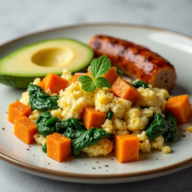 Egg White and Turkey Sausage Scramble with Sautéed Spinach and Sweet Potato