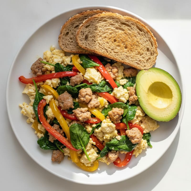 Egg White and Turkey Sausage Scramble with Spinach and Bell Peppers