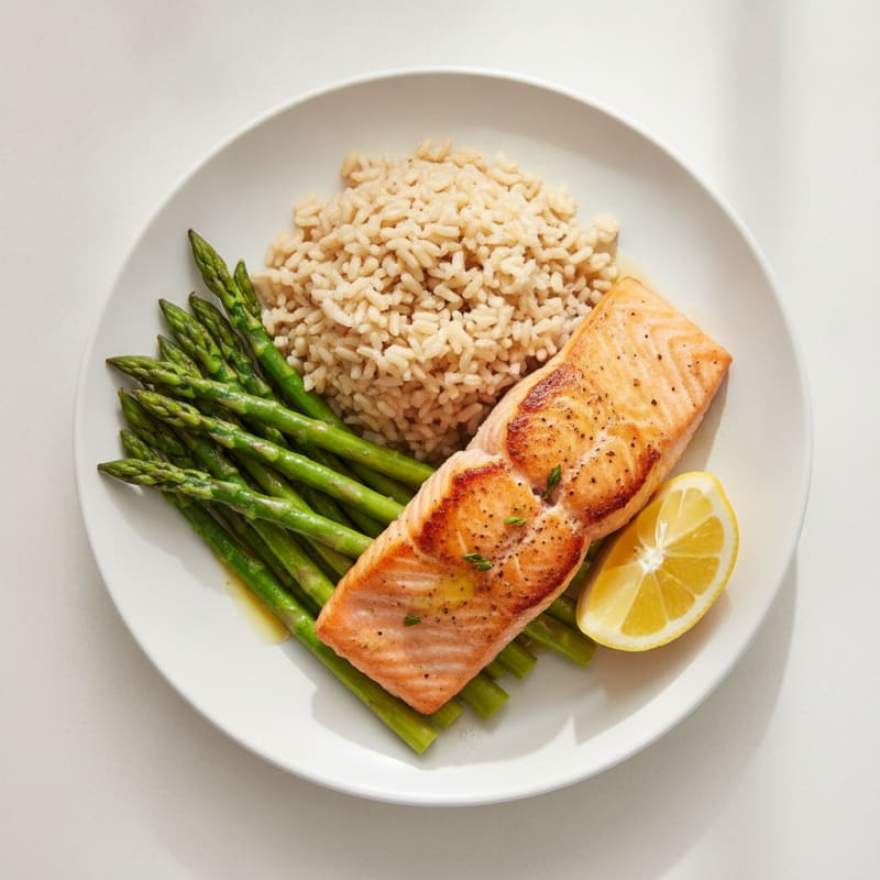 Seared Salmon with Steamed Asparagus and Brown Rice