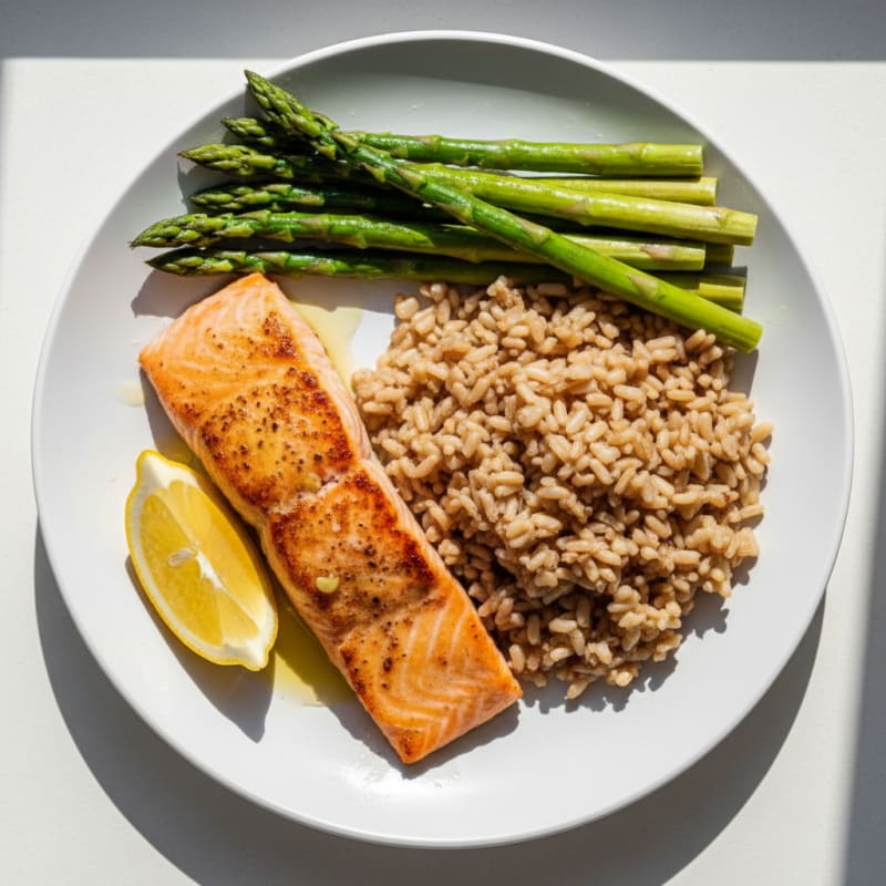 Seared Salmon with Steamed Asparagus and Brown Rice