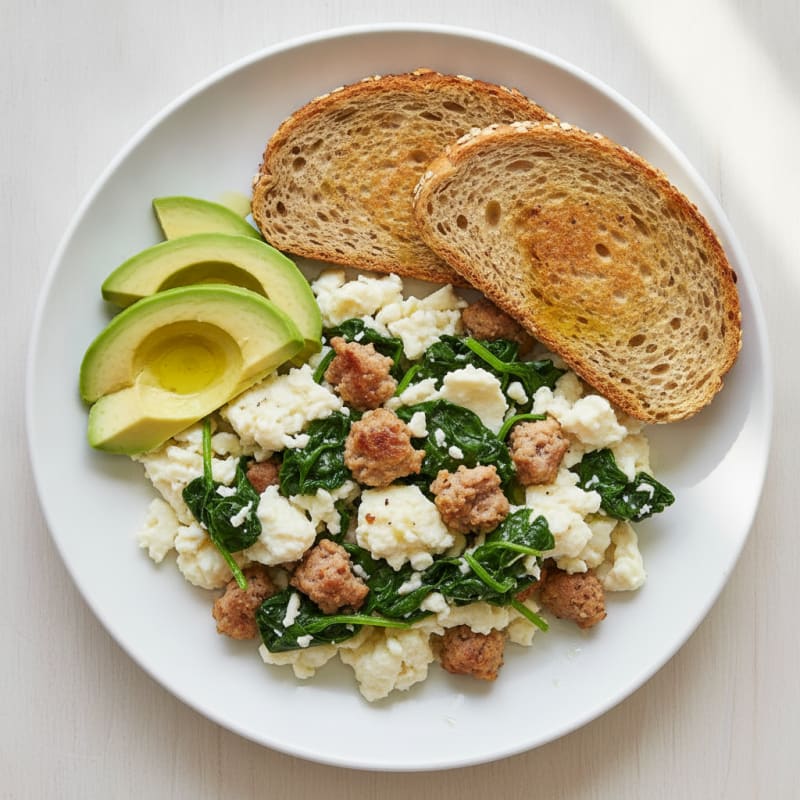 Egg White Scramble with Turkey Sausage and Sautéed Spinach