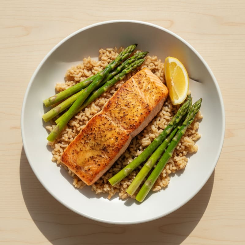 Seared Salmon with Steamed Asparagus and Brown Rice