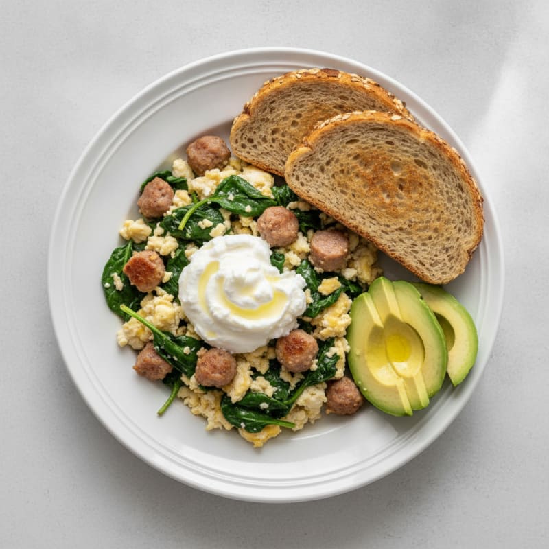 Egg White and Turkey Sausage Scramble with Cottage Cheese and Spinach
