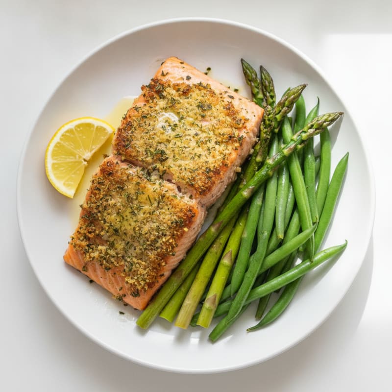 Herb-Crusted Grilled Salmon with Asparagus and String Beans