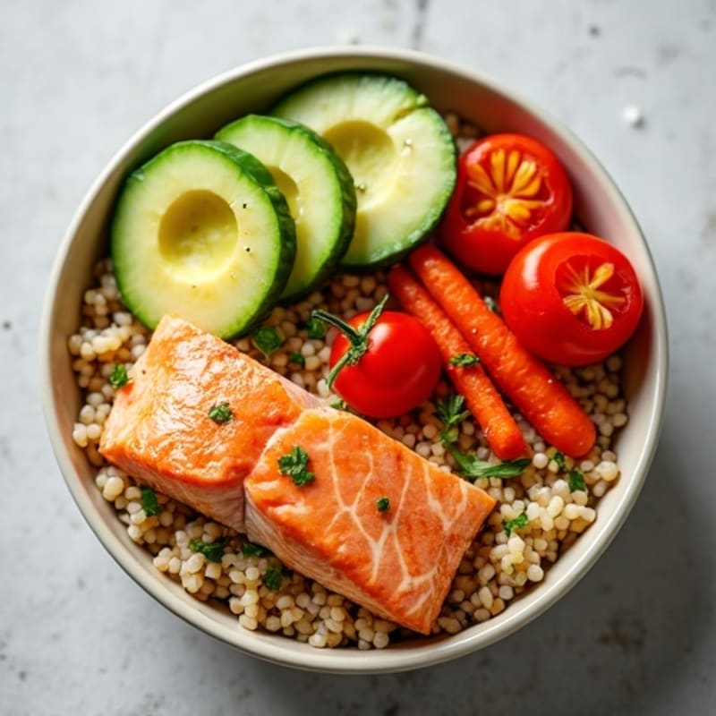 Fresh Salmon Rice Bowl with Creamy Avocado and Crunchy Veggies
