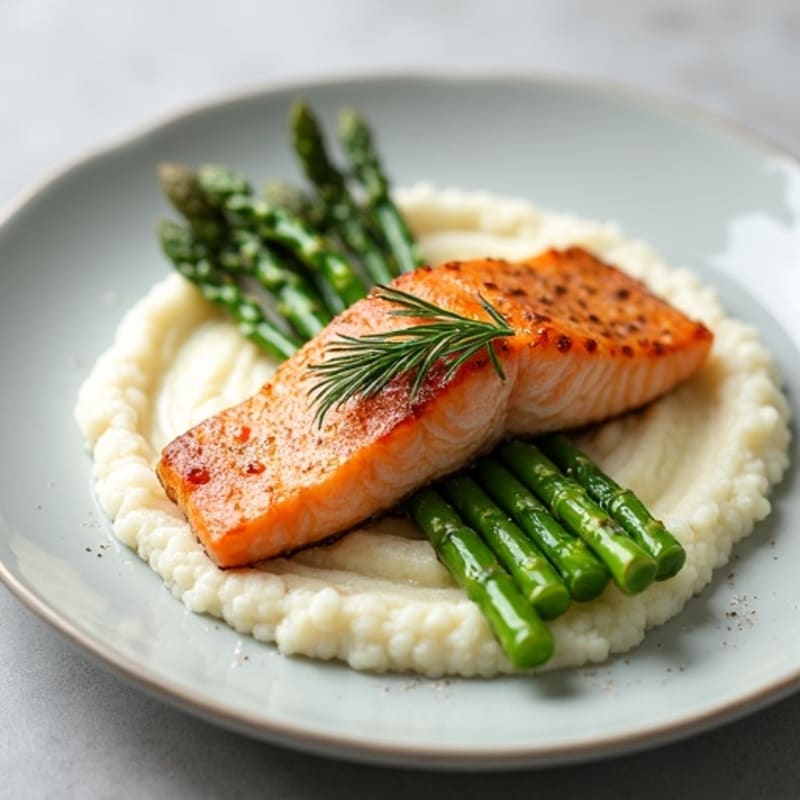 Seared Salmon with Steamed Asparagus and Cauliflower Mash