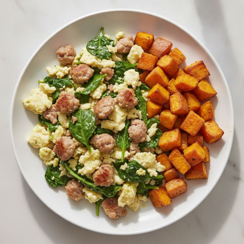 Egg White and Turkey Sausage Scramble with Spinach and Roasted Sweet Potatoes