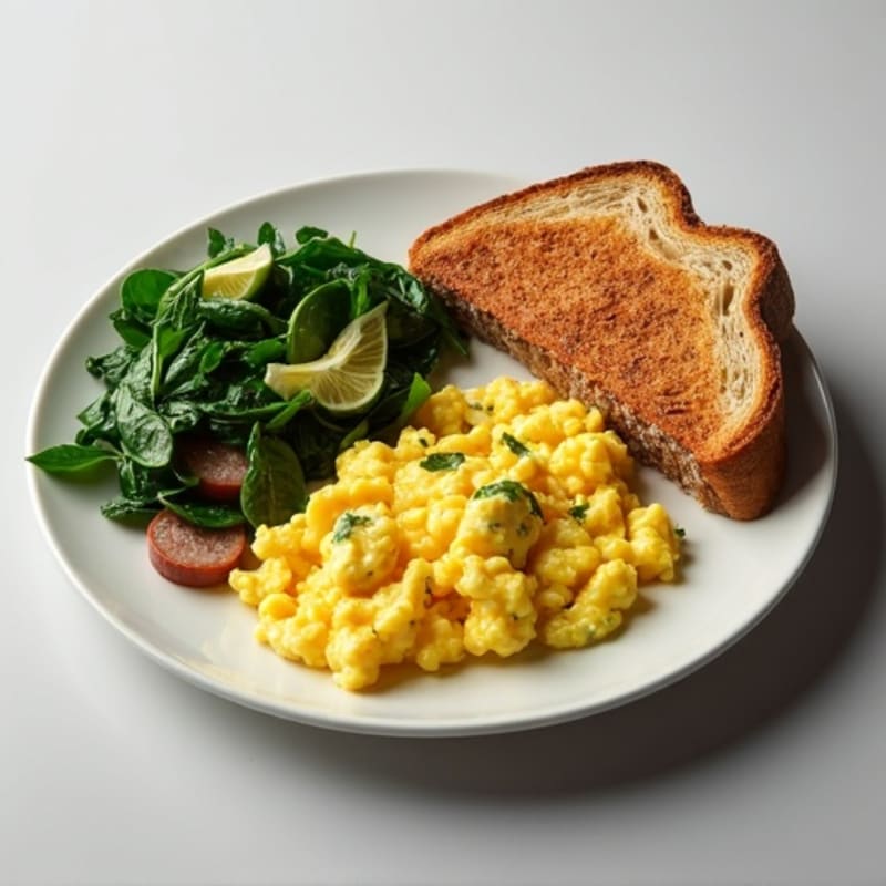 Egg White Scramble with Turkey Sausage and Sautéed Spinach