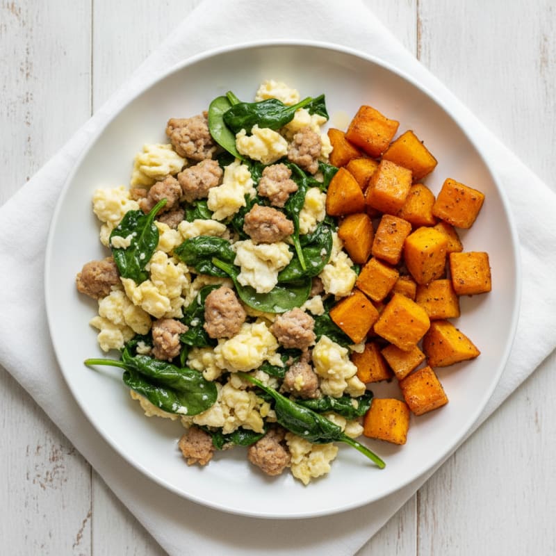 Egg White and Turkey Sausage Scramble with Spinach and Roasted Sweet Potatoes